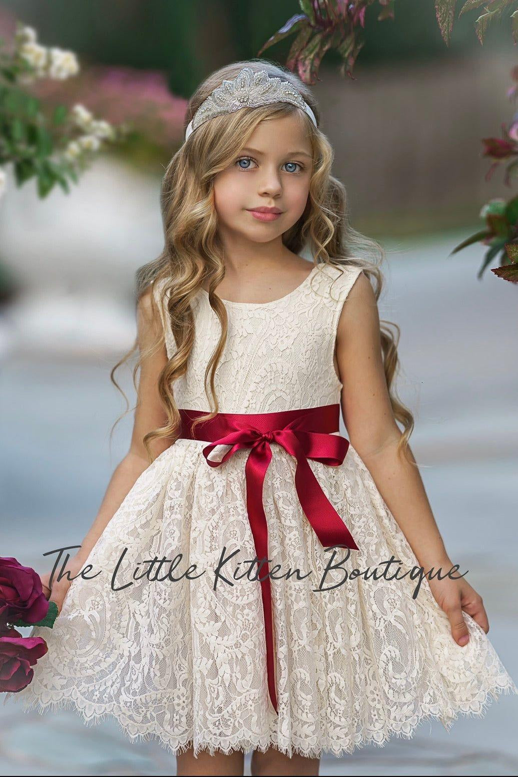 Sleeveless Knee-Length Lace Flower Girl Dress - White or Ivory - The Little Kitten Boutique
