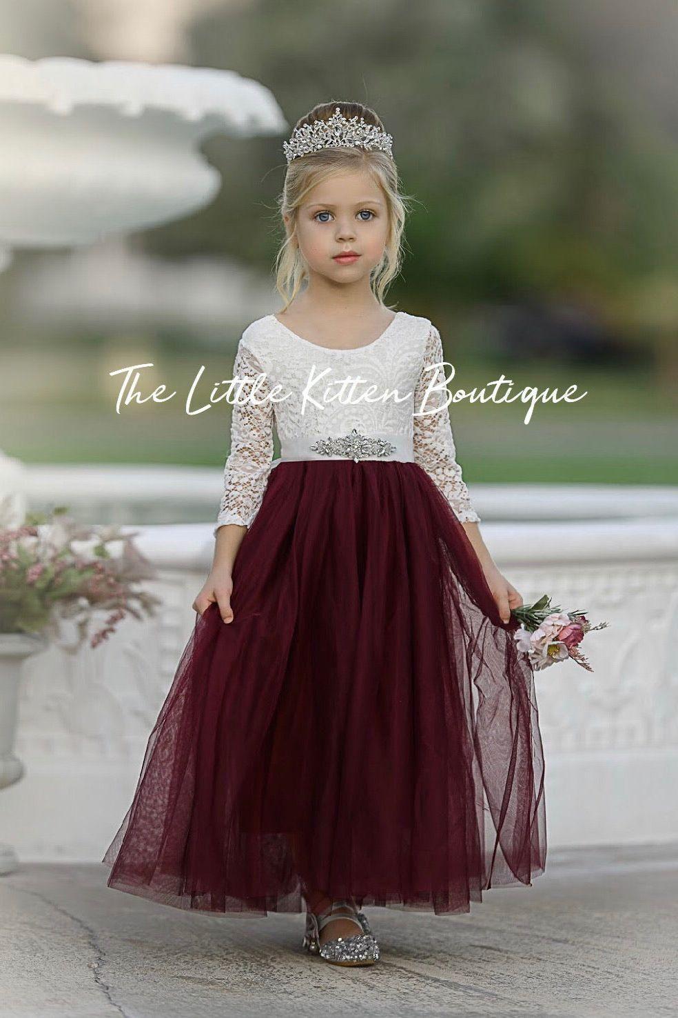 Classic Long Sleeve Tulle and Lace Flower Girl Dress / Girls Special Occasion Dress - The Little Kitten Boutique