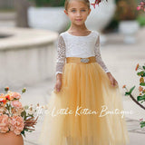 Fall Inspired, Long Sleeve Marigold Flower Girl Dress - The Little Kitten Boutique