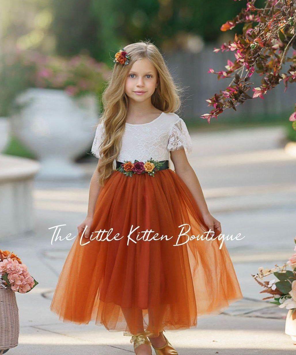 Fall Inspired Burnt Orange short sleeve flower girl dress - The Little Kitten Boutique