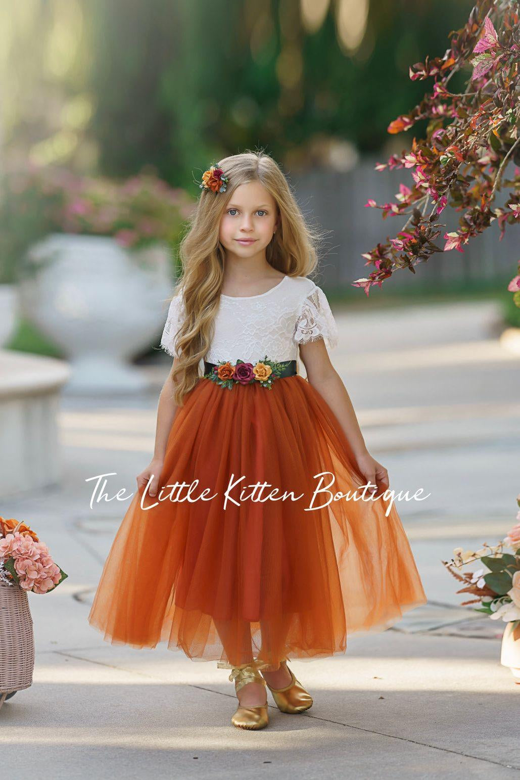 Fall Inspired Burnt Orange short sleeve flower girl dress - The Little Kitten Boutique
