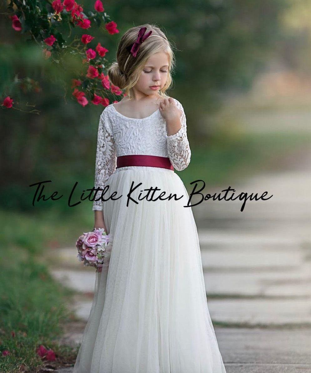 Classic Long Sleeve Tulle and Lace Flower Girl Dress / Girls Special Occasion Dress - The Little Kitten Boutique