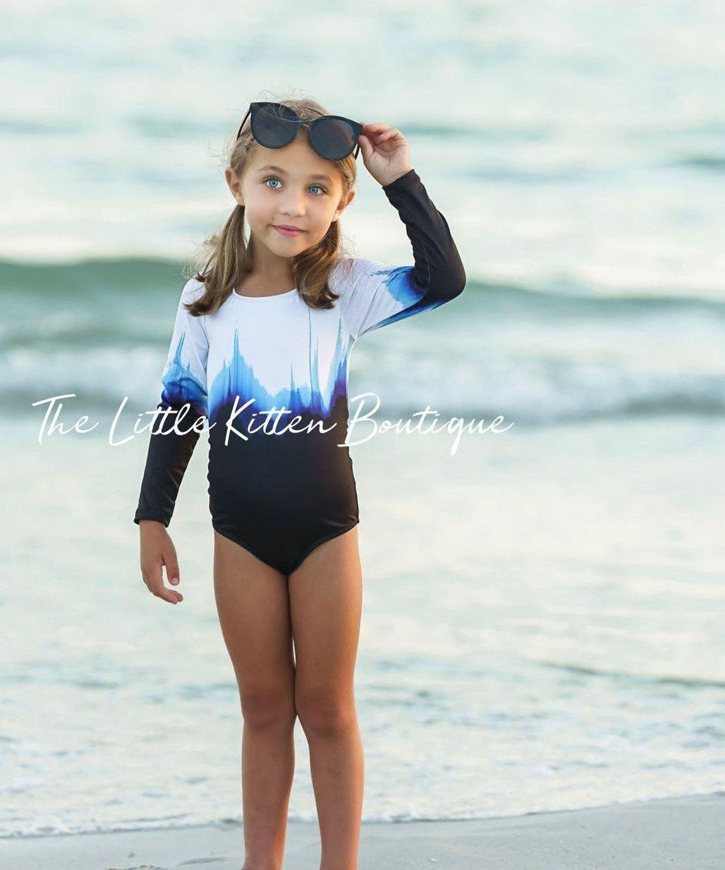 Blue Ombre girls 1 piece swimsuit with rash guard - 1 piece bathing suit - The Little Kitten Boutique