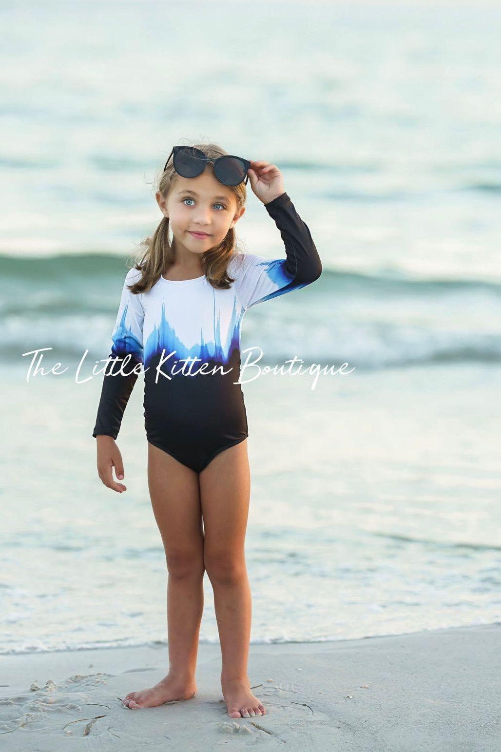 Blue Ombre girls 1 piece swimsuit with rash guard - 1 piece bathing suit - The Little Kitten Boutique