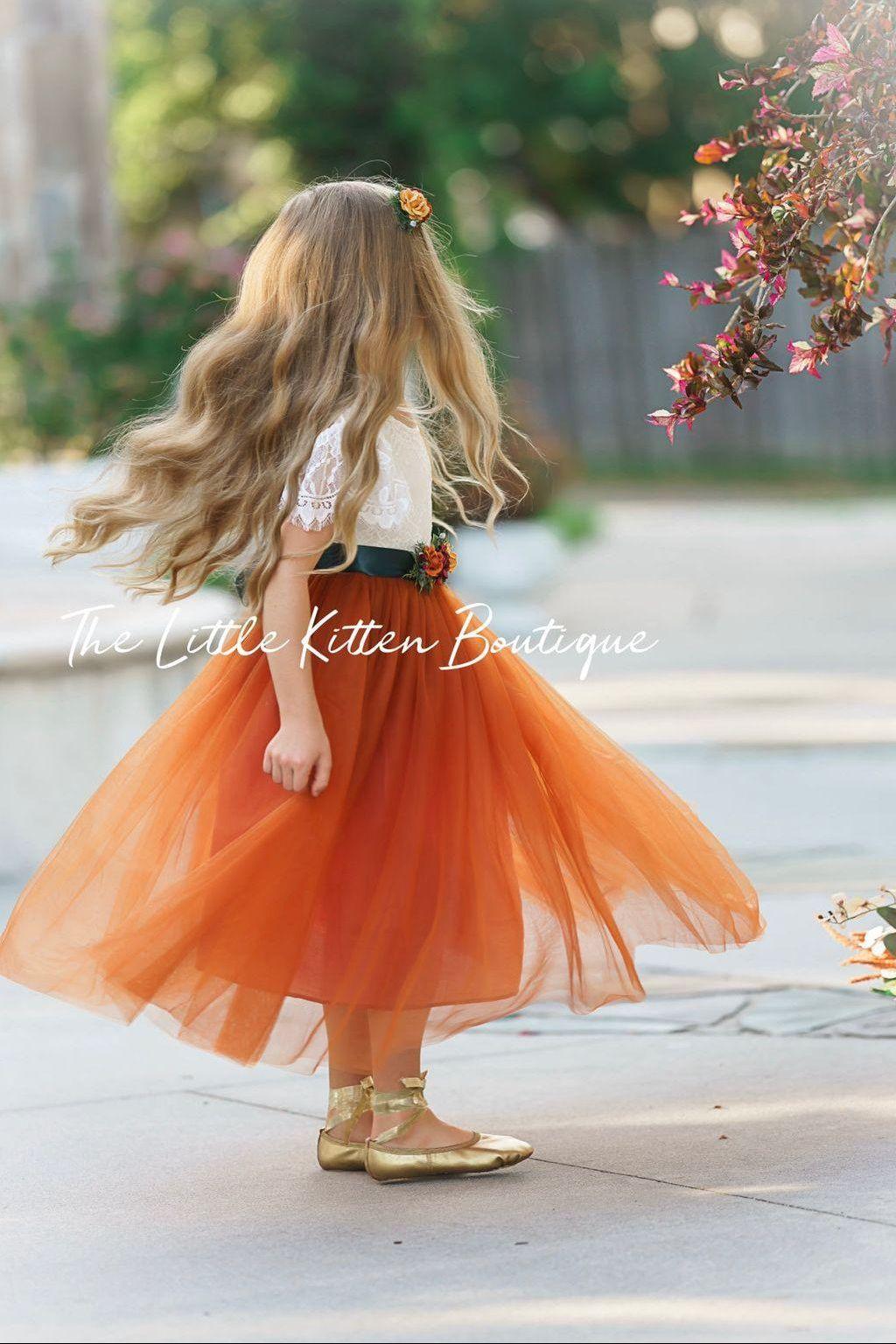 Fall Inspired Burnt Orange short sleeve flower girl dress - The Little Kitten Boutique