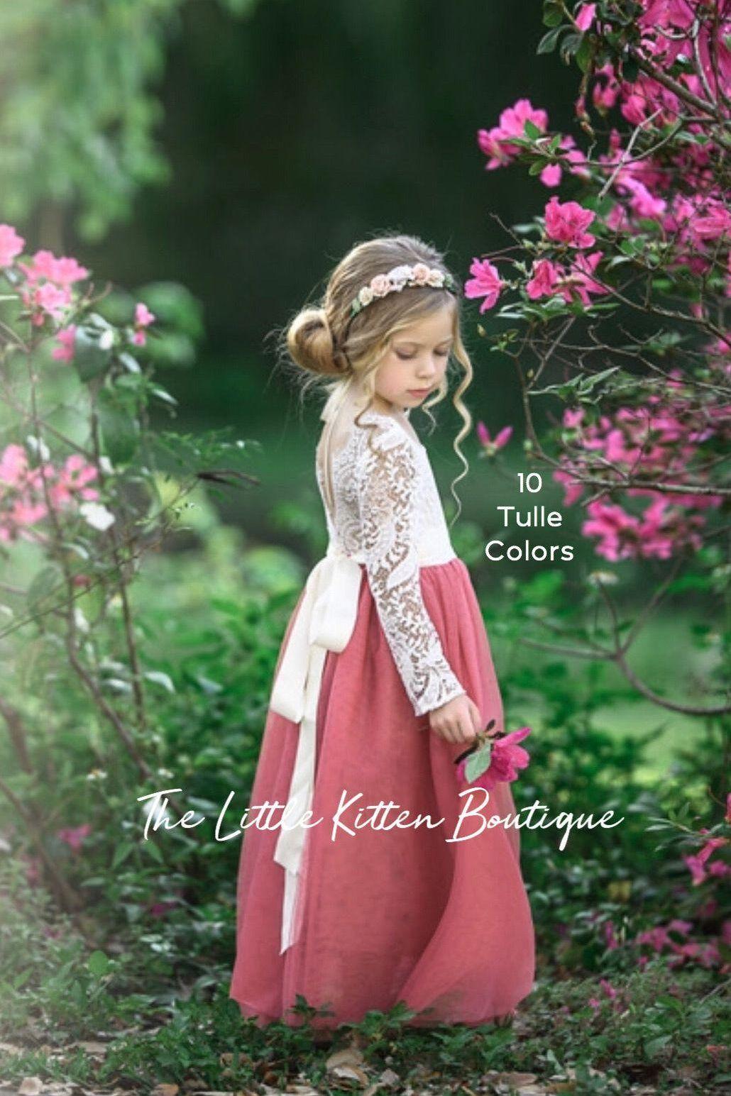 Classic Long Sleeve Tulle and Lace Flower Girl Dress / Girls Special Occasion Dress - The Little Kitten Boutique