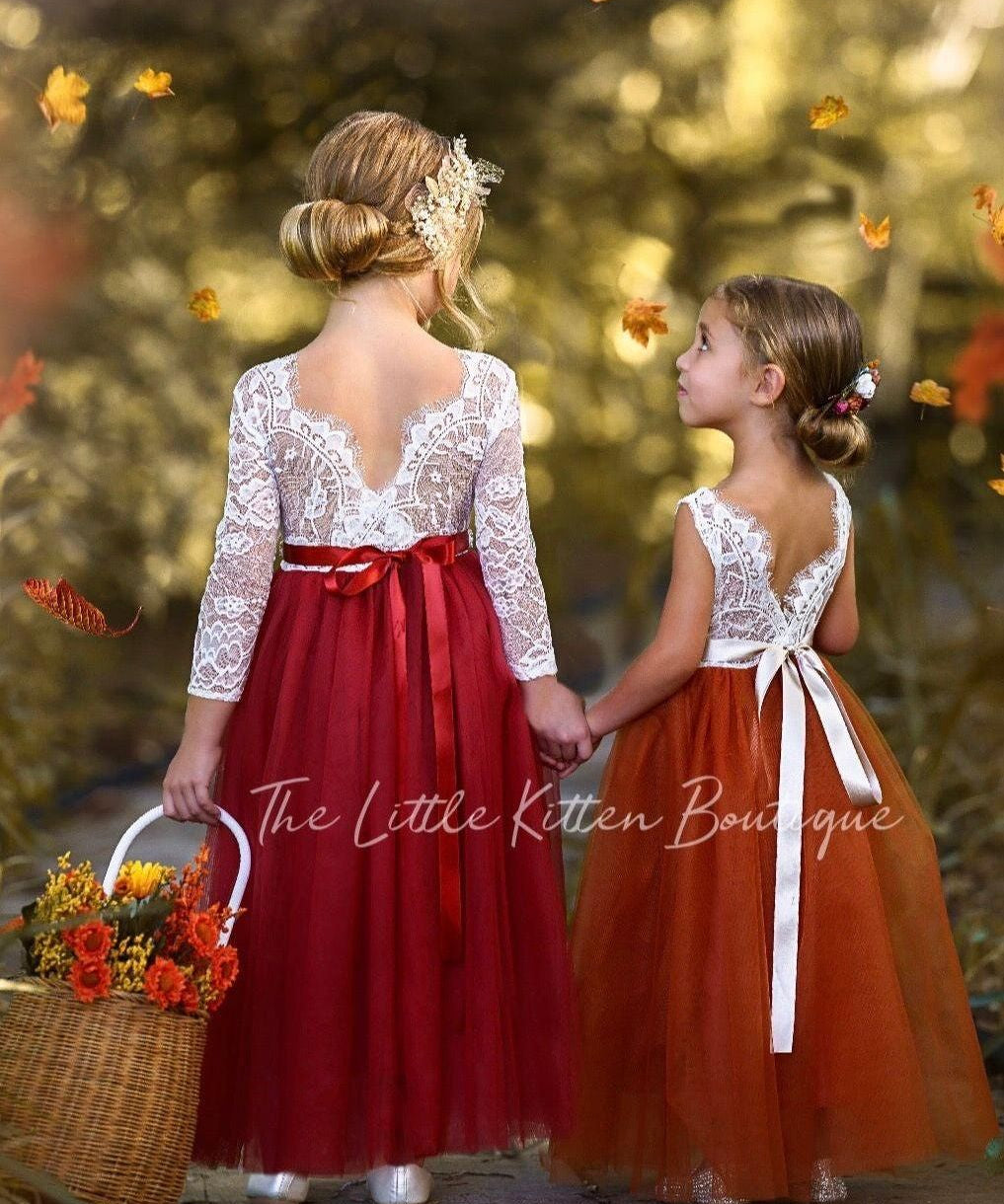 Sleeveless and Long Sleeve, Fall Inspired Burnt Orange and Rust Flower Girl Dresses - The Little Kitten Boutique