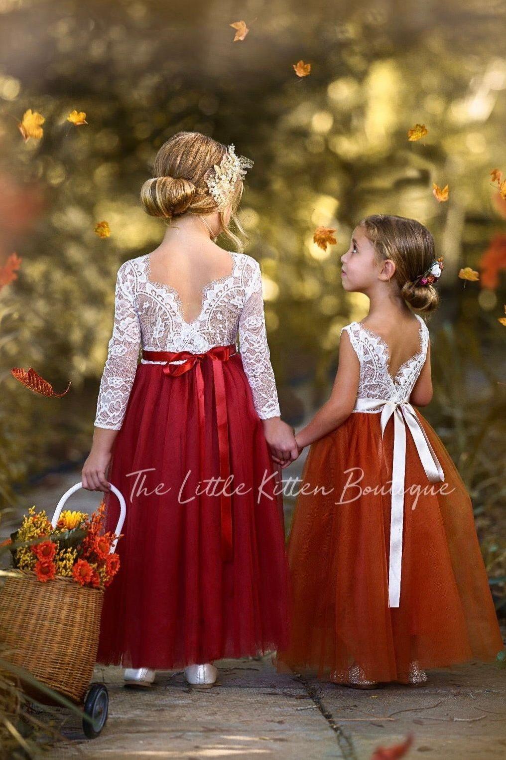 Sleeveless and Long Sleeve, Fall Inspired Burnt Orange and Rust Flower Girl Dresses - The Little Kitten Boutique