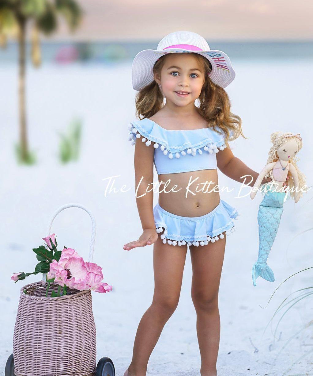 Blue pom pom 2 piece Swimsuit - 2 piece bathing suit - The Little Kitten Boutique