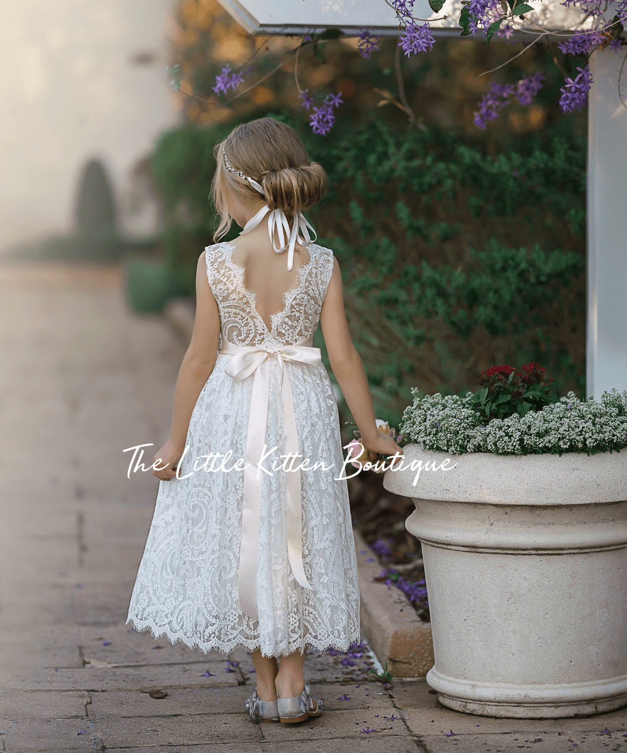 Sleeveless Ankle-Length Lace Flower Girl Dress - Rose, White, Ivory - The Little Kitten Boutique