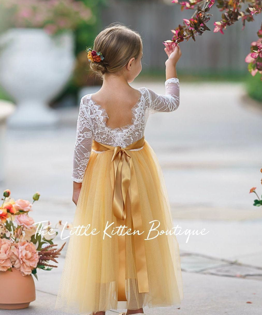 Fall Inspired, Long Sleeve Marigold Flower Girl Dress - The Little Kitten Boutique