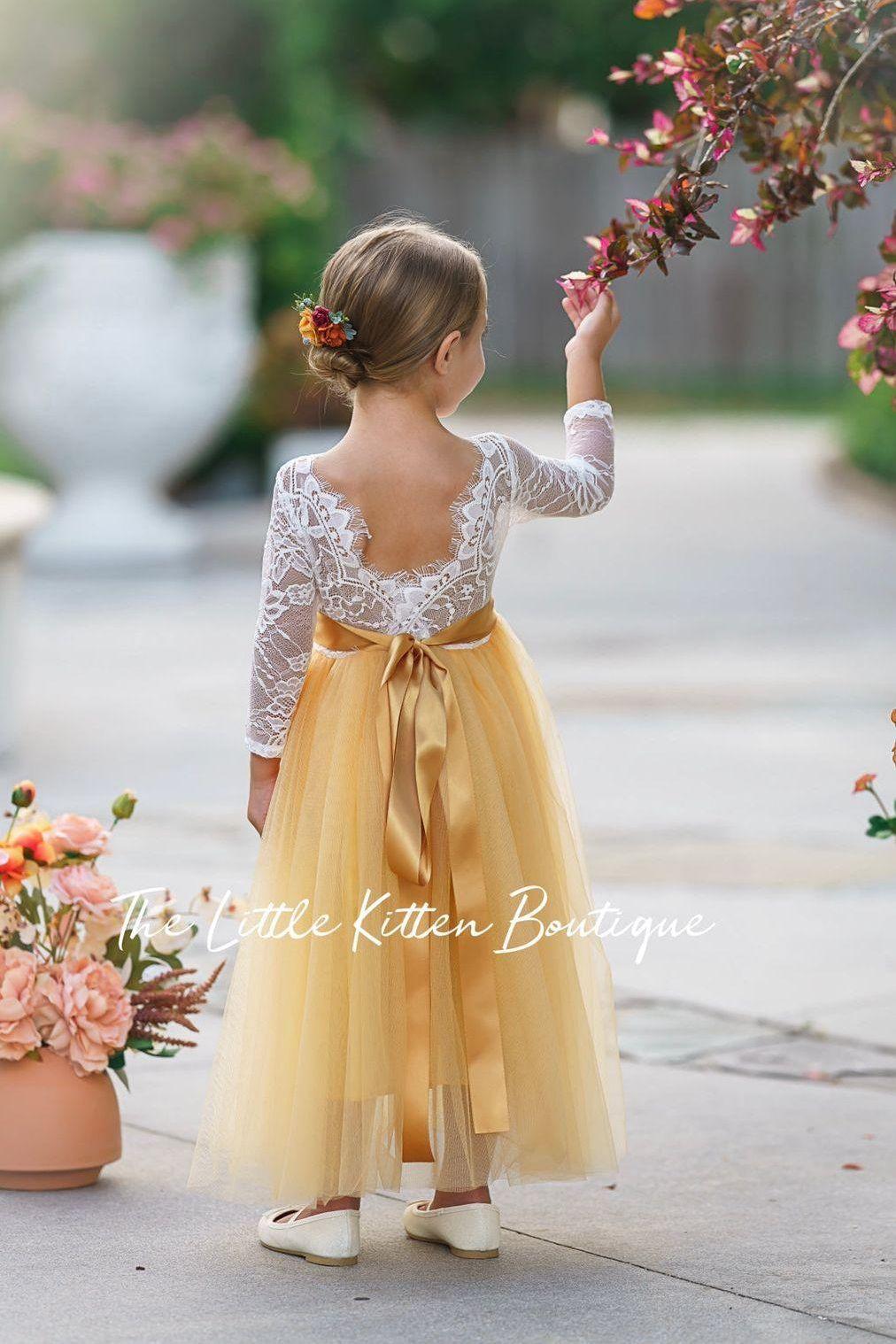 Fall Inspired, Long Sleeve Marigold Flower Girl Dress - The Little Kitten Boutique