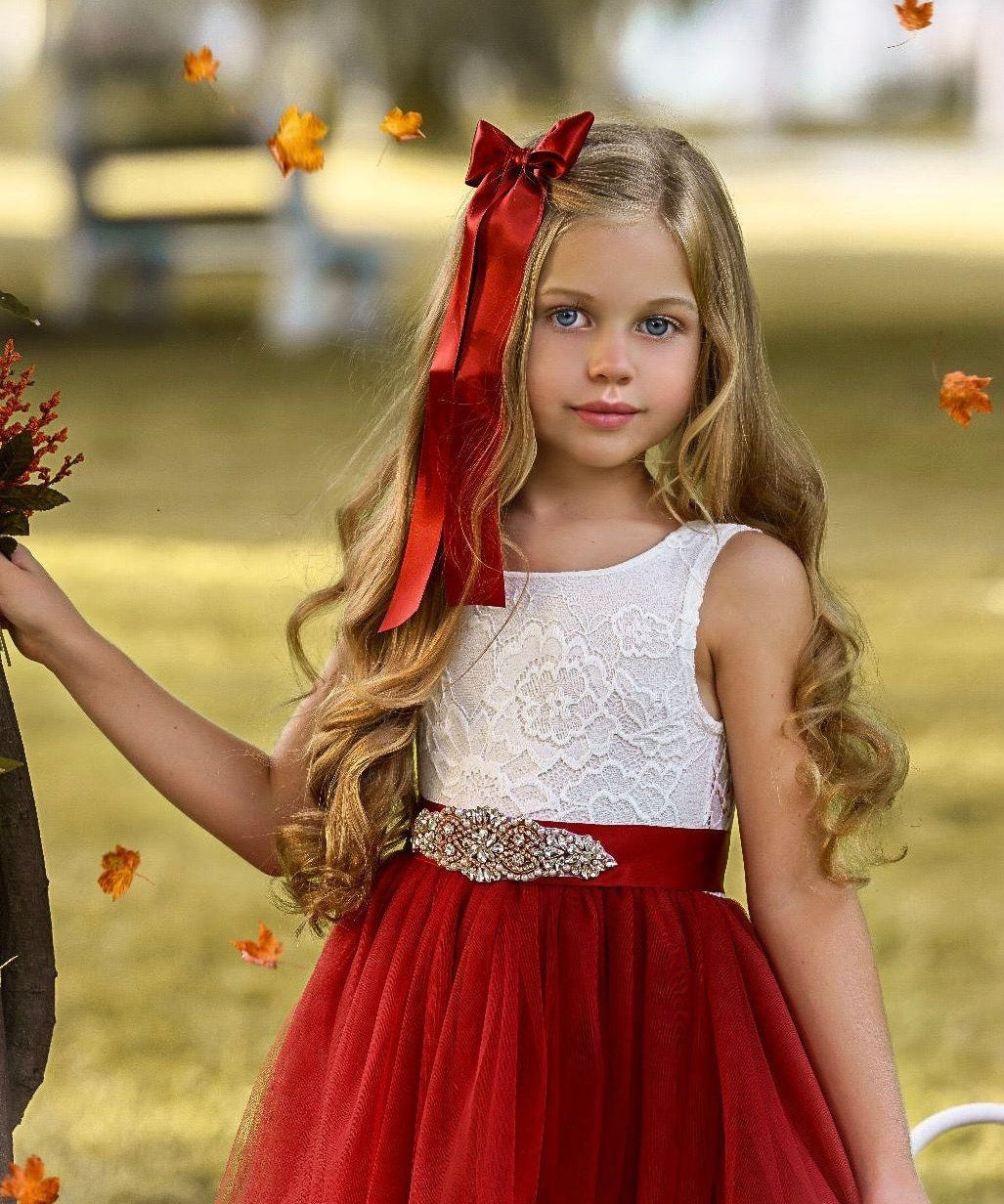 Sleeveless Burnt Orange Tulle and Lace Flower Girl Dress-magical fall dress - The Little Kitten Boutique