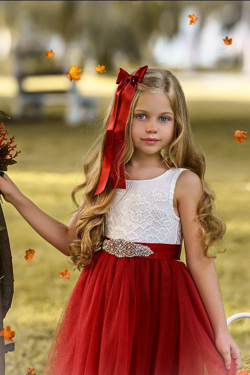 Sleeveless Burnt Orange Tulle and Lace Flower Girl Dress-magical fall dress - The Little Kitten Boutique