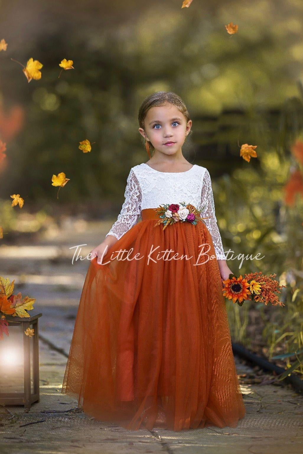 Sleeveless and Long Sleeve, Fall Inspired Burnt Orange and Rust Flower Girl Dresses - The Little Kitten Boutique