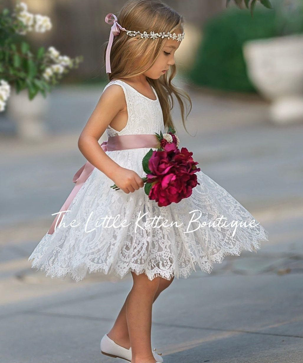 Sleeveless Knee Length Lace Flower Girl Dresses - The Little Kitten Boutique