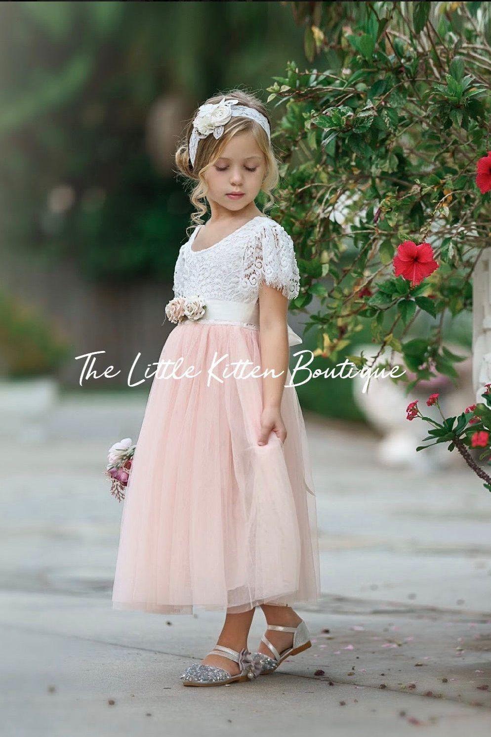 Lace and tulle Flower Girl Dress / Special Occasion Dress with Butterfly Cap Sleeve - The Little Kitten Boutique