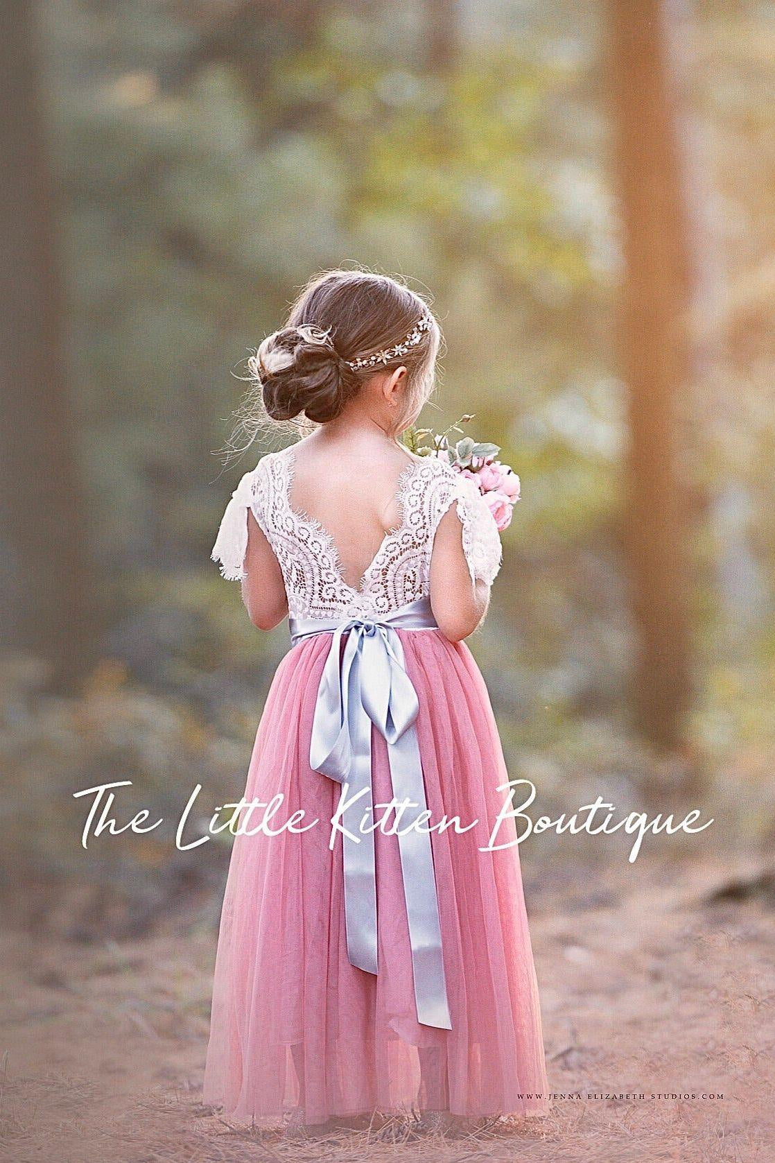 Lace and tulle Flower Girl Dress / Special Occasion Dress with Butterfly Cap Sleeve - The Little Kitten Boutique