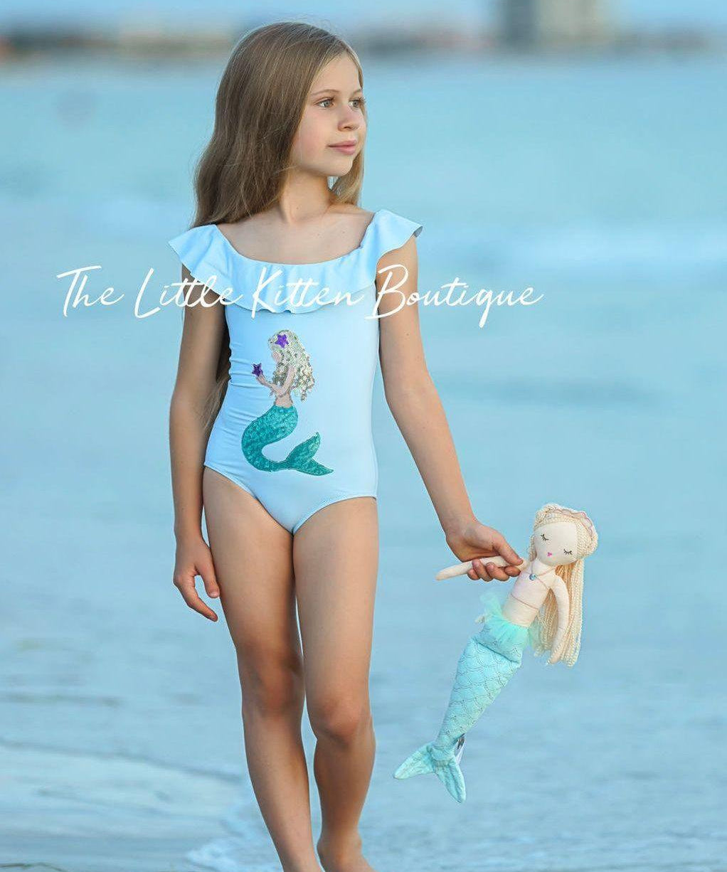 Blue sequins girls mermaid 1 piece swimsuit - 1 piece bathing suit - The Little Kitten Boutique