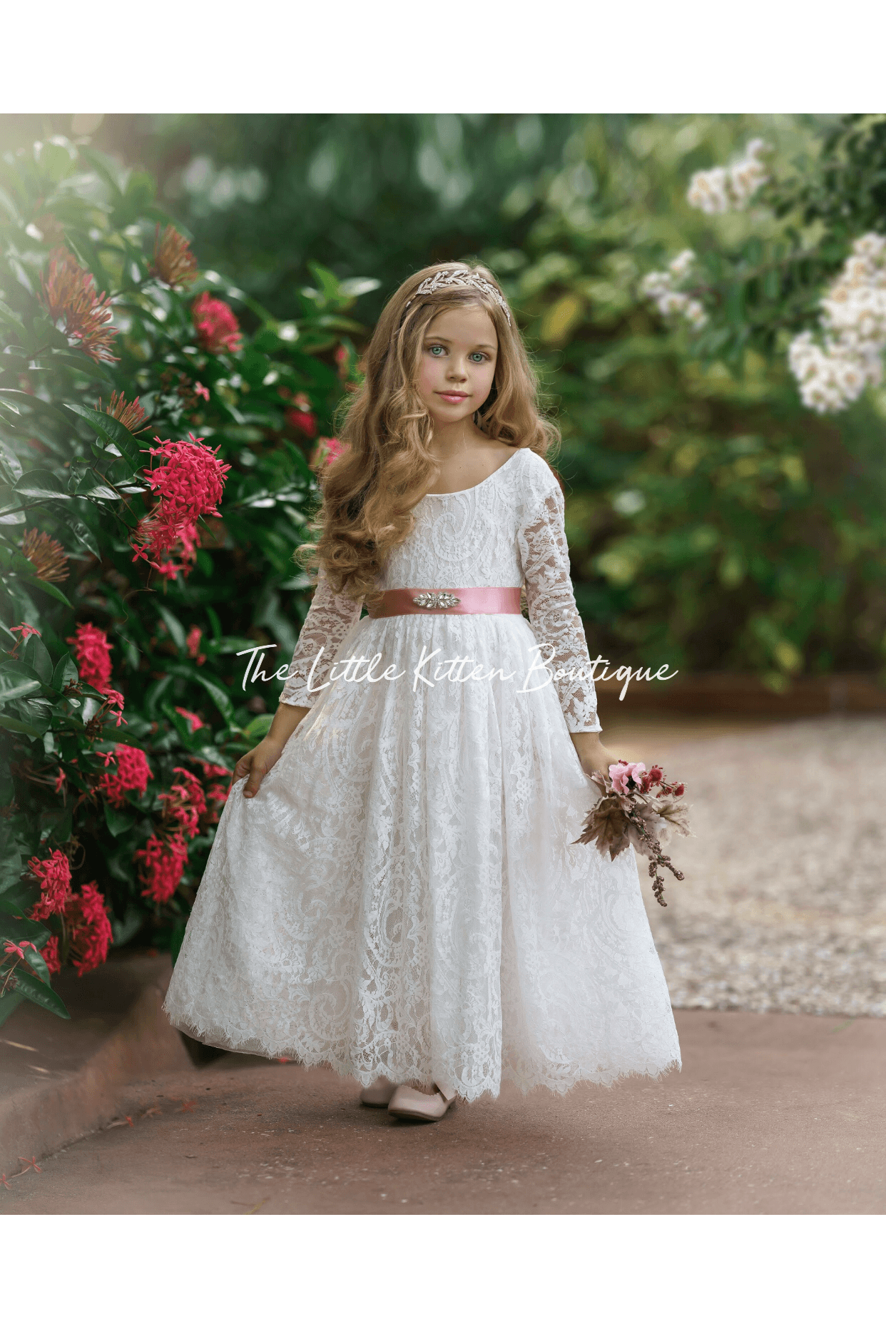 Long Sleeve Lace Flower Girl Dress - The Little Kitten Boutique