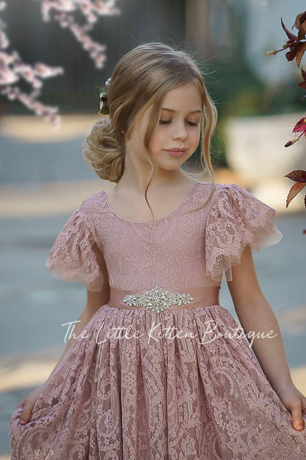 Flower Girl Dress / Special Occasion Dress for Girls, with Ruffle Sleeve - The Little Kitten Boutique