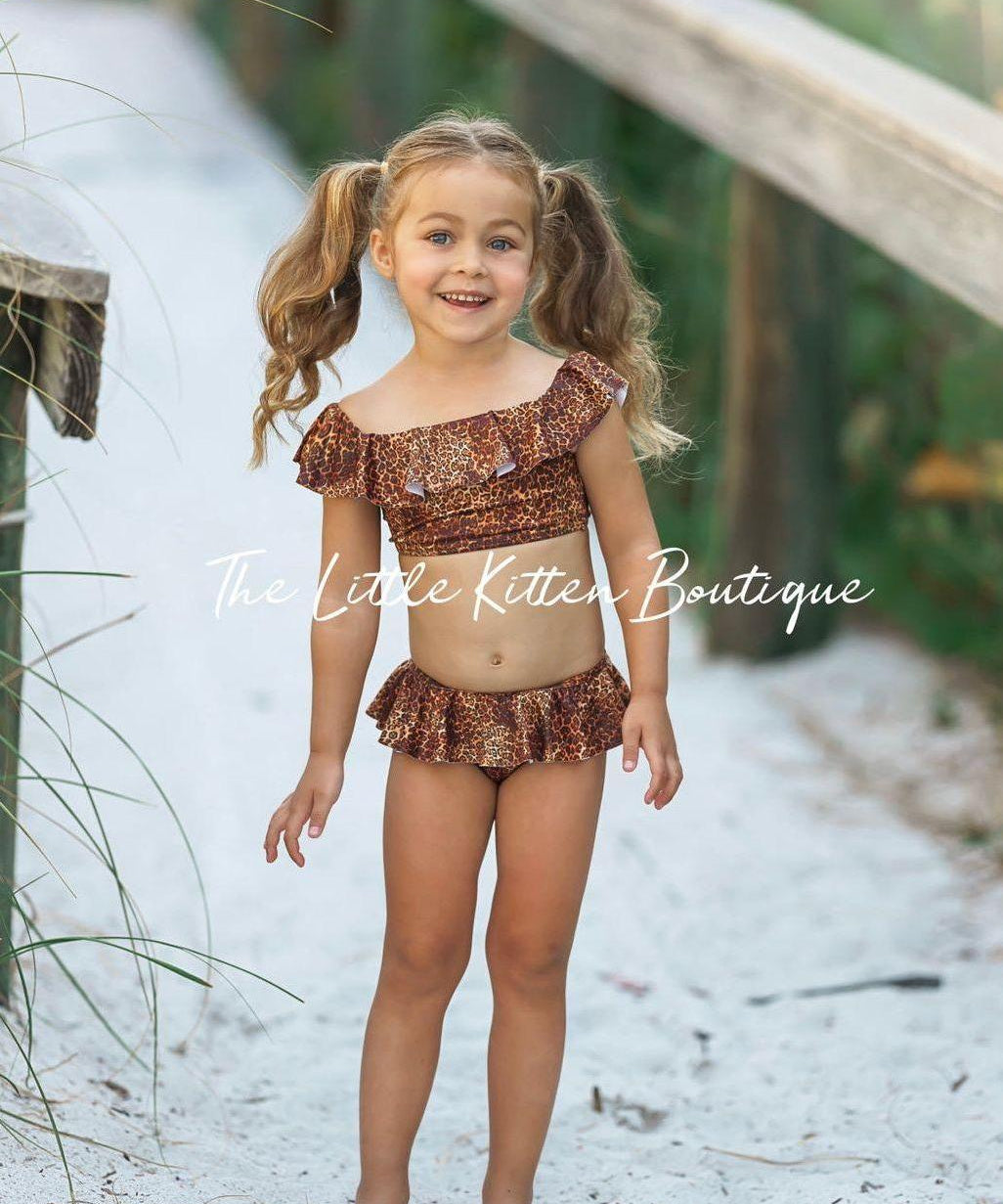 Girls Leopard Swimsuit - 2 piece bathing suit - The Little Kitten Boutique