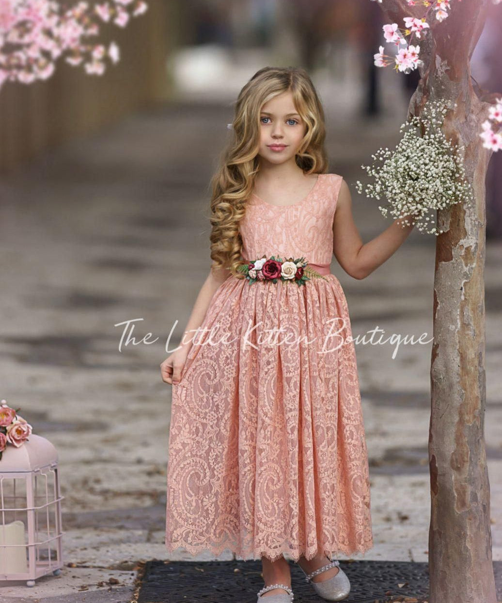 Sleeveless Ankle-Length Lace Flower Girl Dress - Rose, White, Ivory - The Little Kitten Boutique