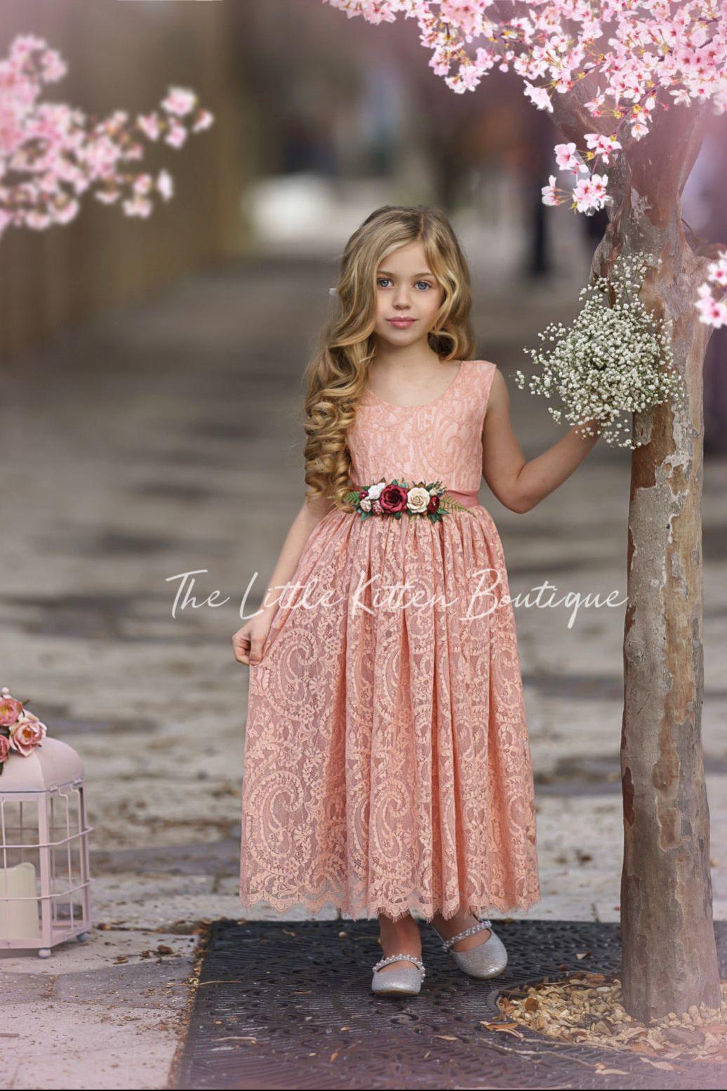 Sleeveless Ankle-Length Lace Flower Girl Dress - Rose, White, Ivory - The Little Kitten Boutique