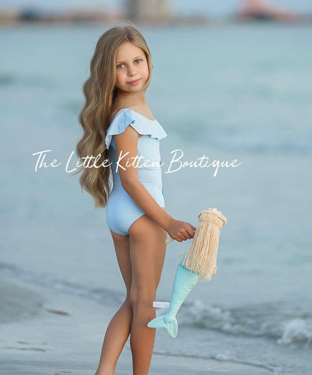 Blue sequins girls mermaid 1 piece swimsuit - 1 piece bathing suit - The Little Kitten Boutique