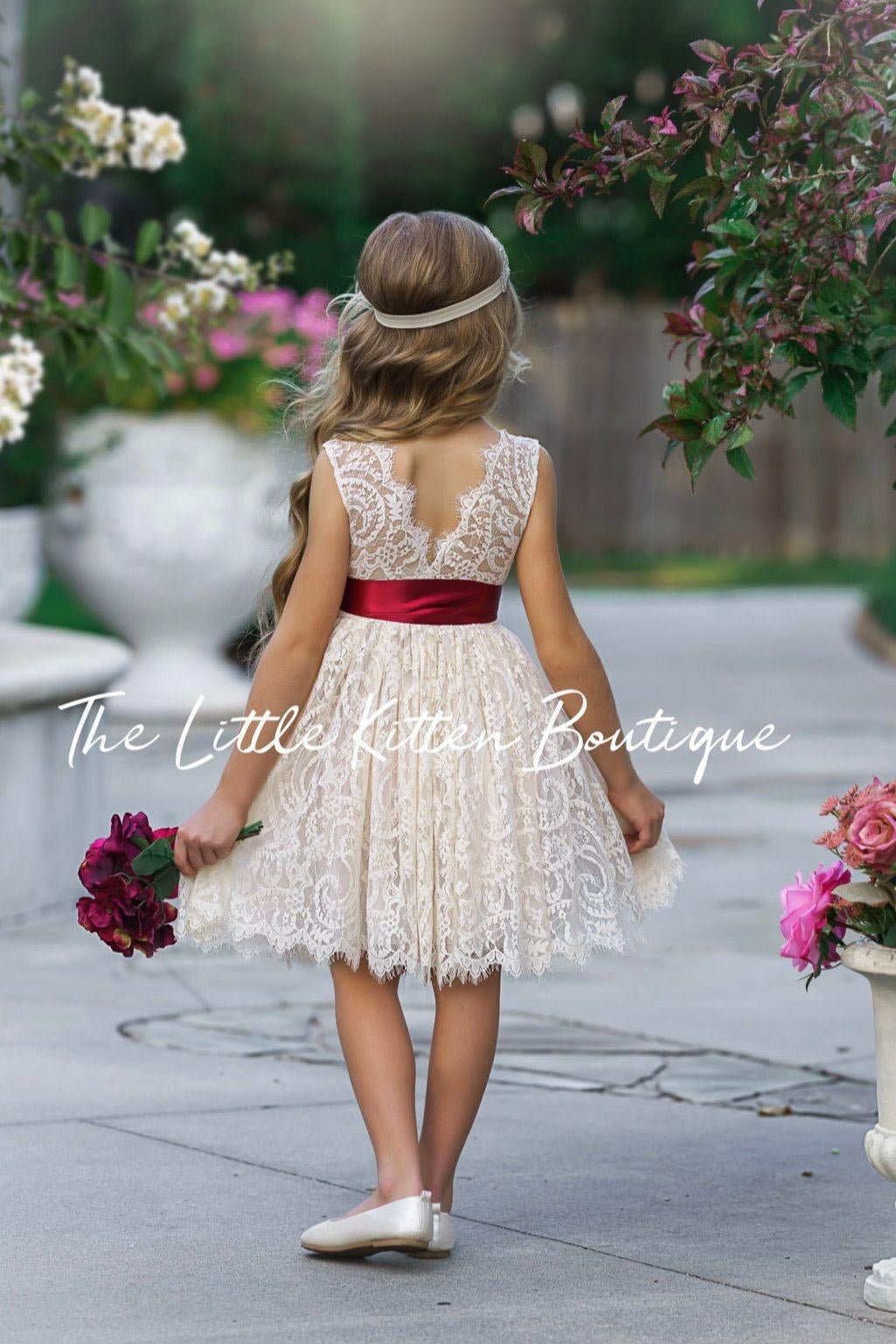 Sleeveless Knee Length Lace Flower Girl Dress - The Little Kitten Boutique