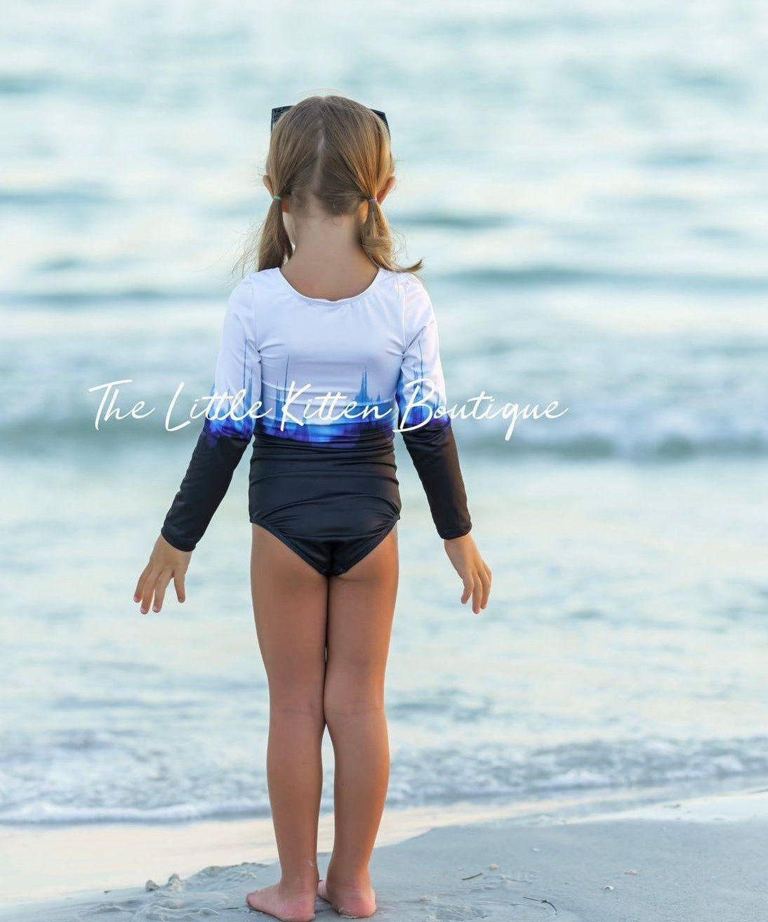 Blue Ombre girls 1 piece swimsuit with rash guard - 1 piece bathing suit - The Little Kitten Boutique