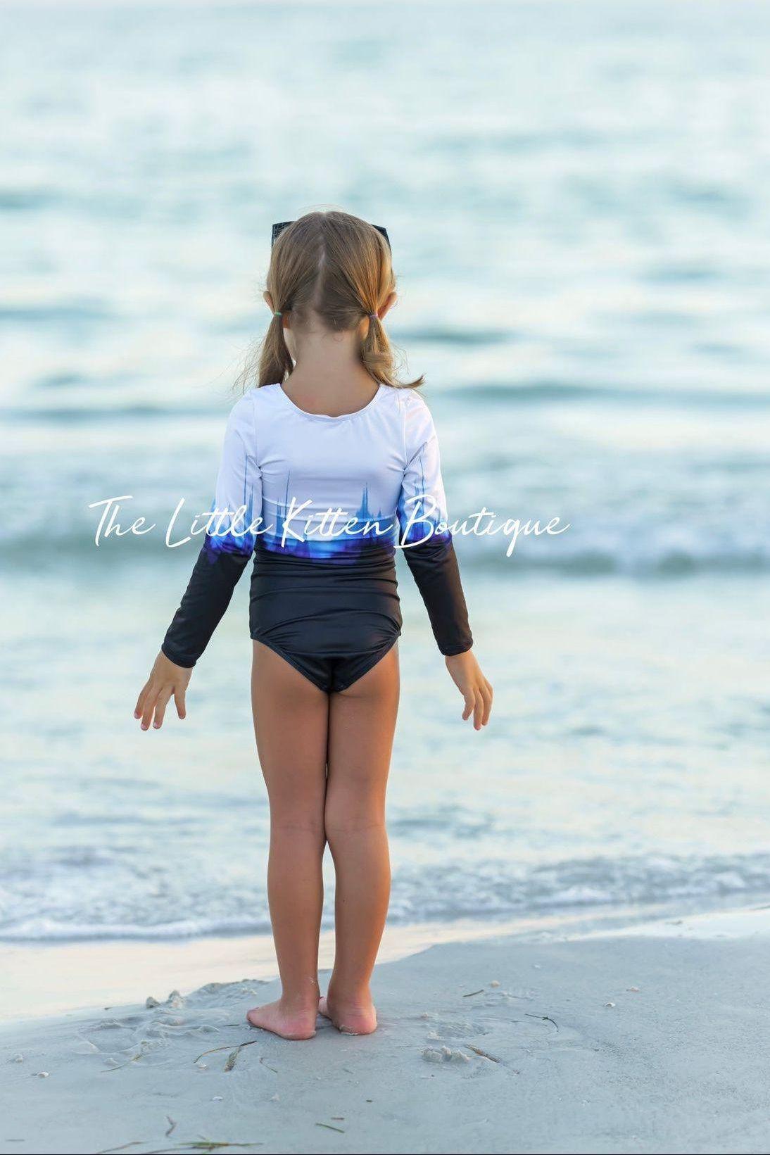 Blue Ombre girls 1 piece swimsuit with rash guard - 1 piece bathing suit - The Little Kitten Boutique