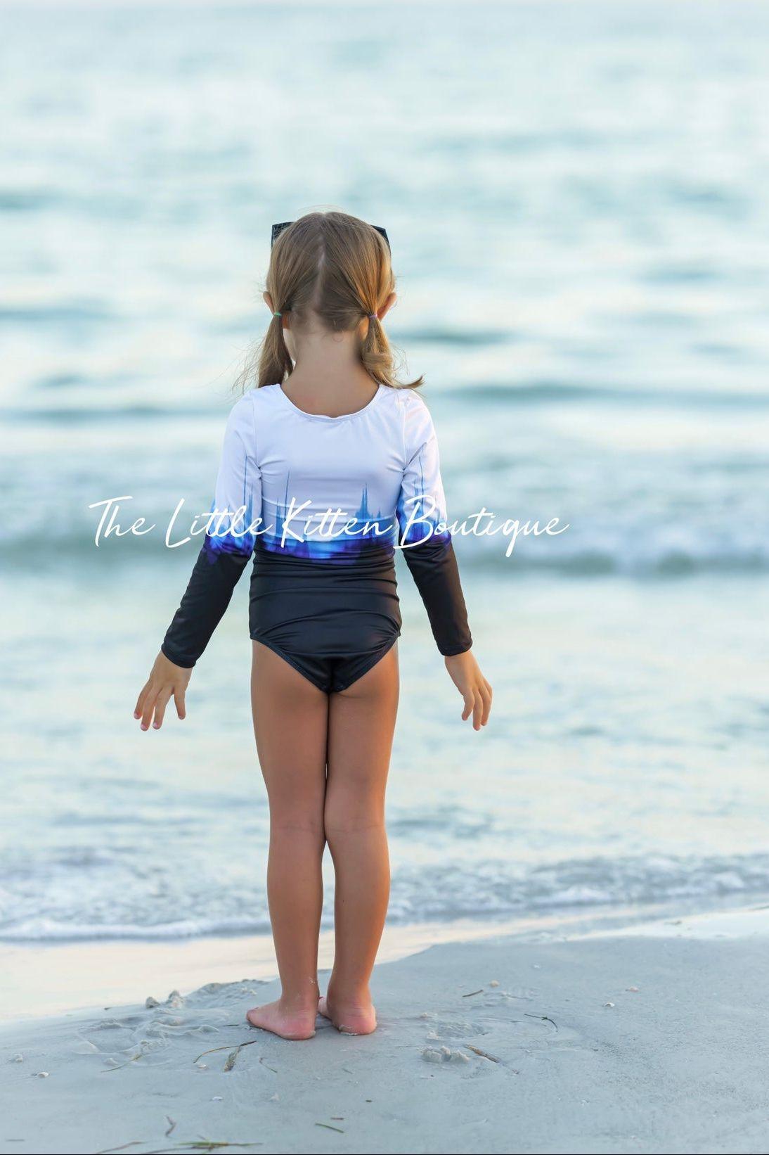 Blue Ombre girls 1 piece swimsuit with rash guard - 1 piece