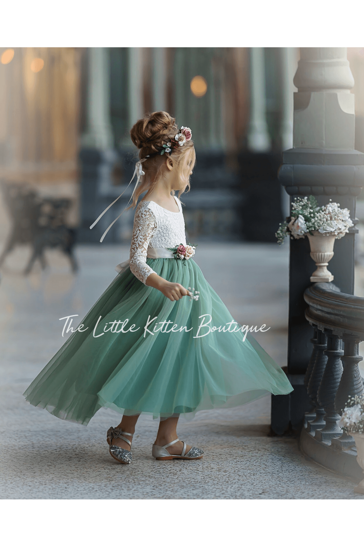 Sage tulle and lace Flower Girl dress - The Little Kitten Boutique