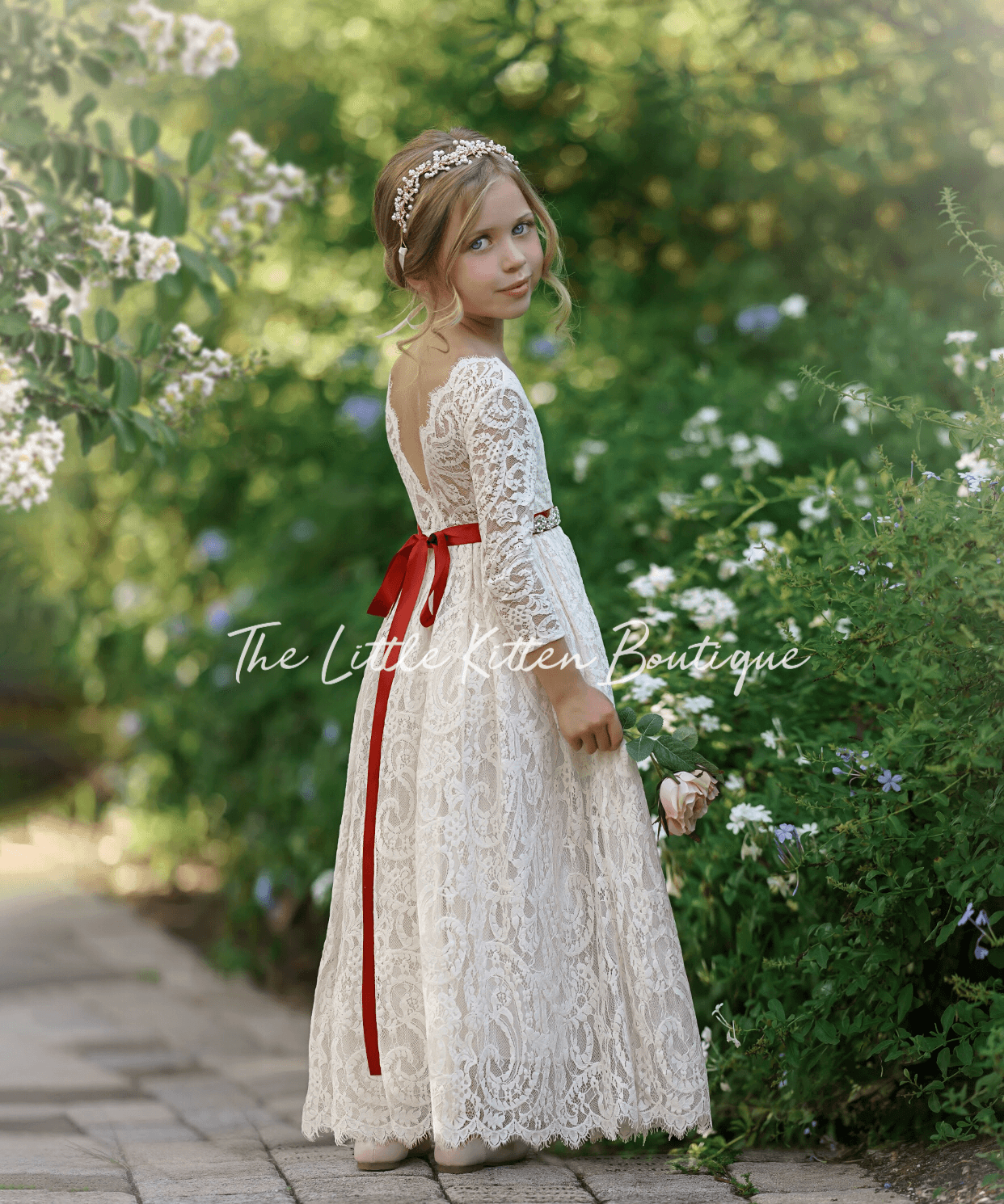 Long Sleeve Lace Flower Girl Dress - The Little Kitten Boutique