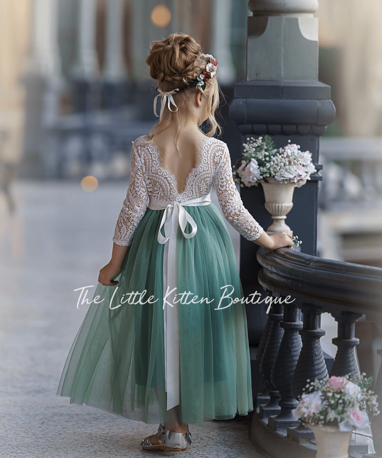 Sage tulle and lace Flower Girl dress - The Little Kitten Boutique