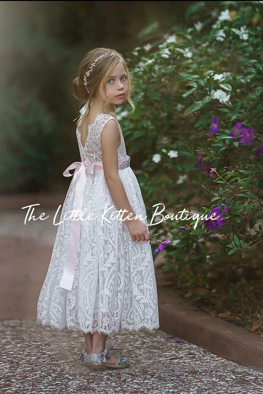 Sleeveless Lace Boho Flower Girl Dress with V-Back and Eyelash Lace - The Little Kitten Boutique