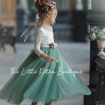 Dusty Blue and Sage Green tulle and lace Flower Girl dress - The Little Kitten Boutique