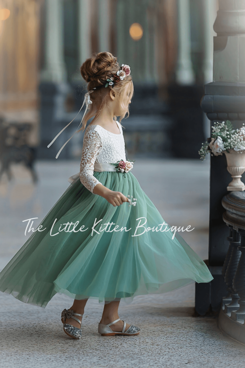 Dusty Blue and Sage Green tulle and lace Flower Girl dress - The Little Kitten Boutique