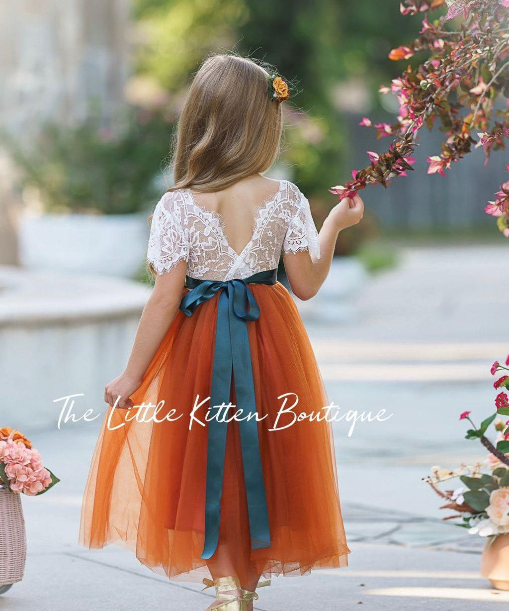 Fall Inspired Burnt Orange short sleeve flower girl dress - The Little Kitten Boutique