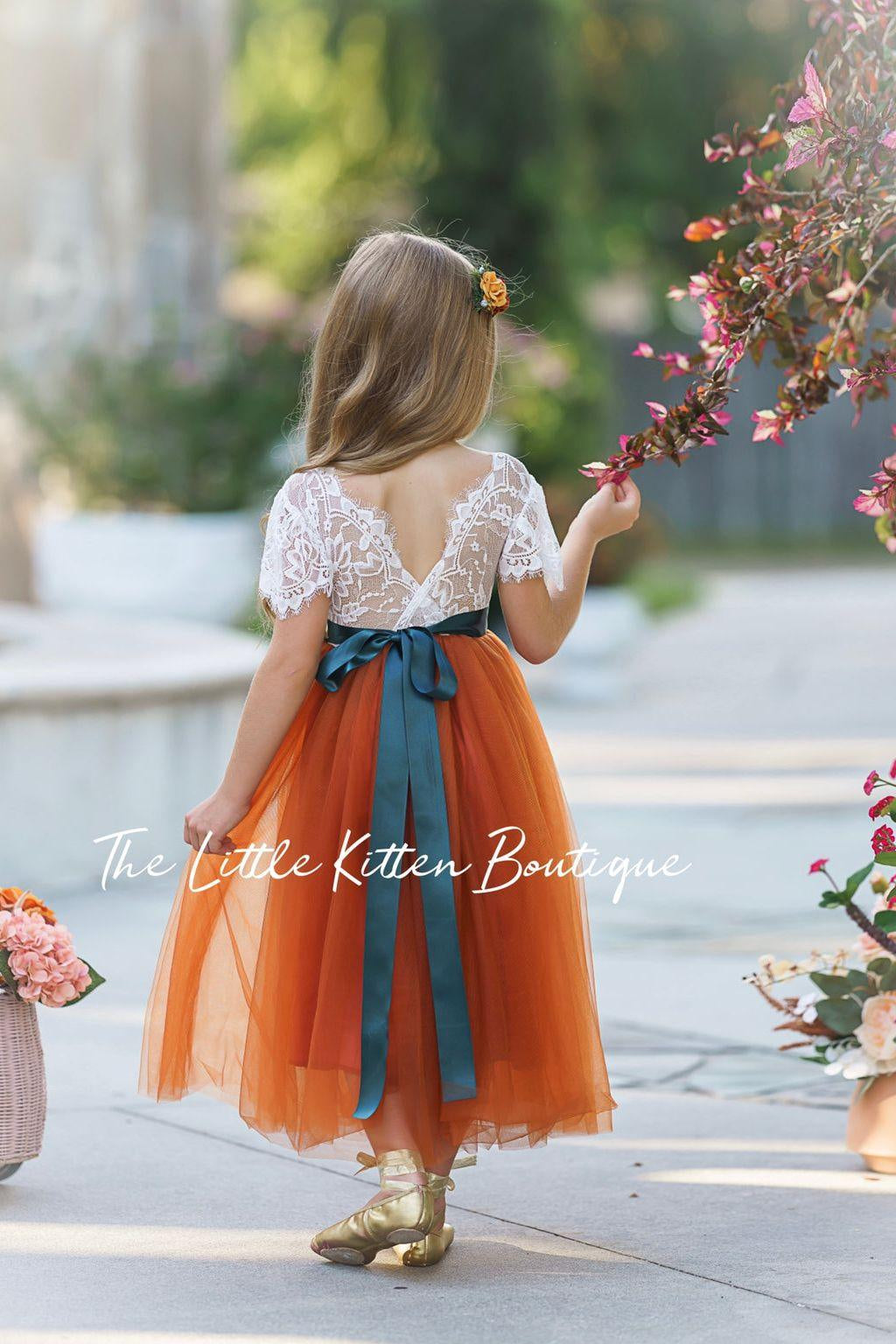 Fall Inspired Burnt Orange short sleeve flower girl dress - The Little Kitten Boutique