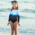 Blue Ombre girls 1 piece swimsuit with rash guard - 1 piece bathing suit - The Little Kitten Boutique