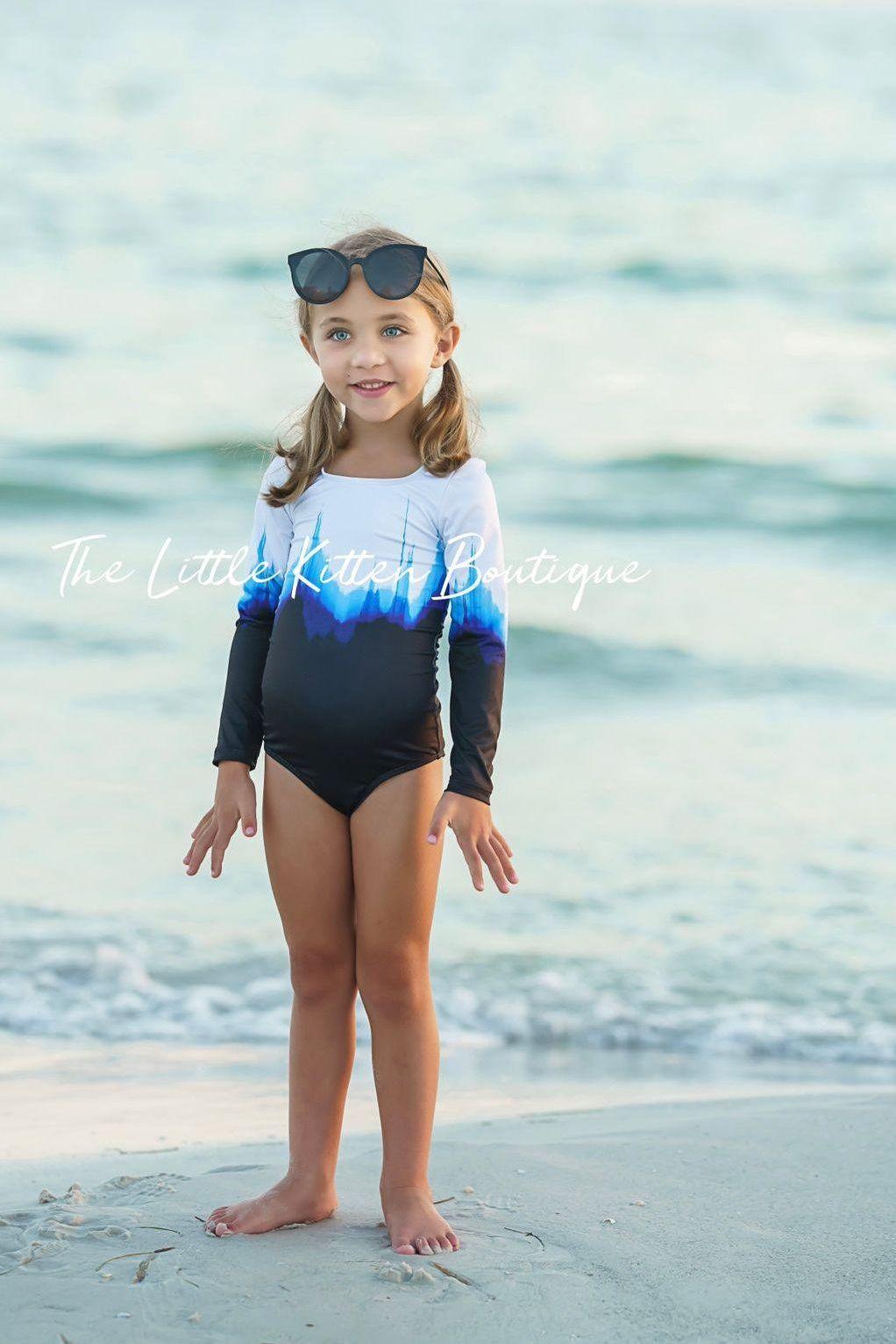 Blue Ombre girls 1 piece swimsuit with rash guard - 1 piece bathing suit - The Little Kitten Boutique