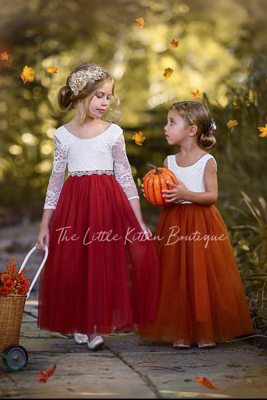 Long Sleeve and Sleeveless, Fall Inspired, Burnt Orange and Rust Flower Girl Dresses - The Little Kitten Boutique