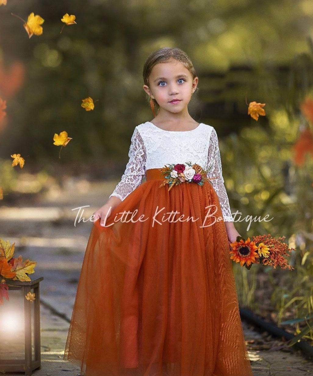 Long Sleeve and Sleeveless, Fall Inspired, Burnt Orange and Rust Flower Girl Dresses - The Little Kitten Boutique