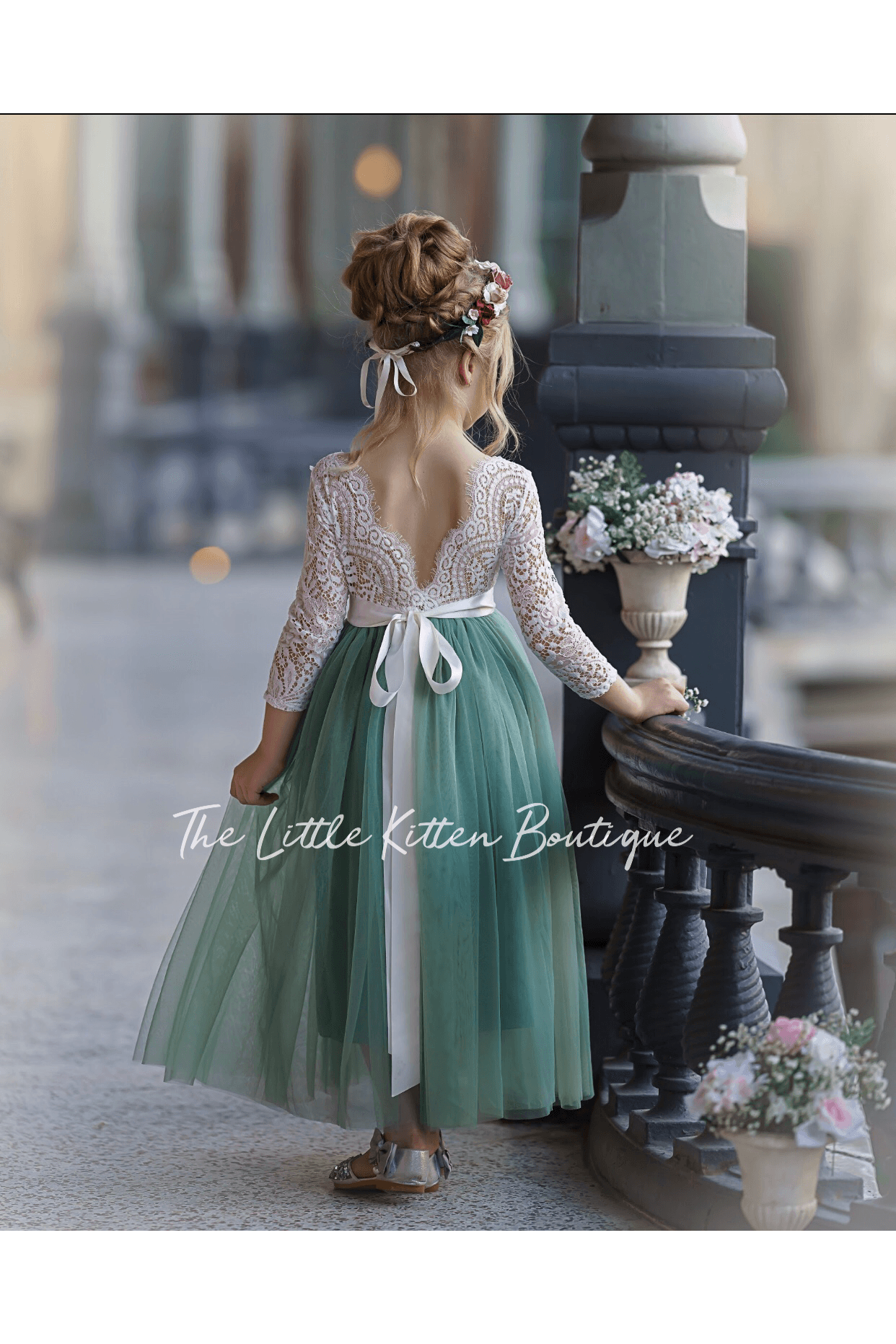 Dusty Blue and Sage Green tulle and lace Flower Girl dress - The Little Kitten Boutique