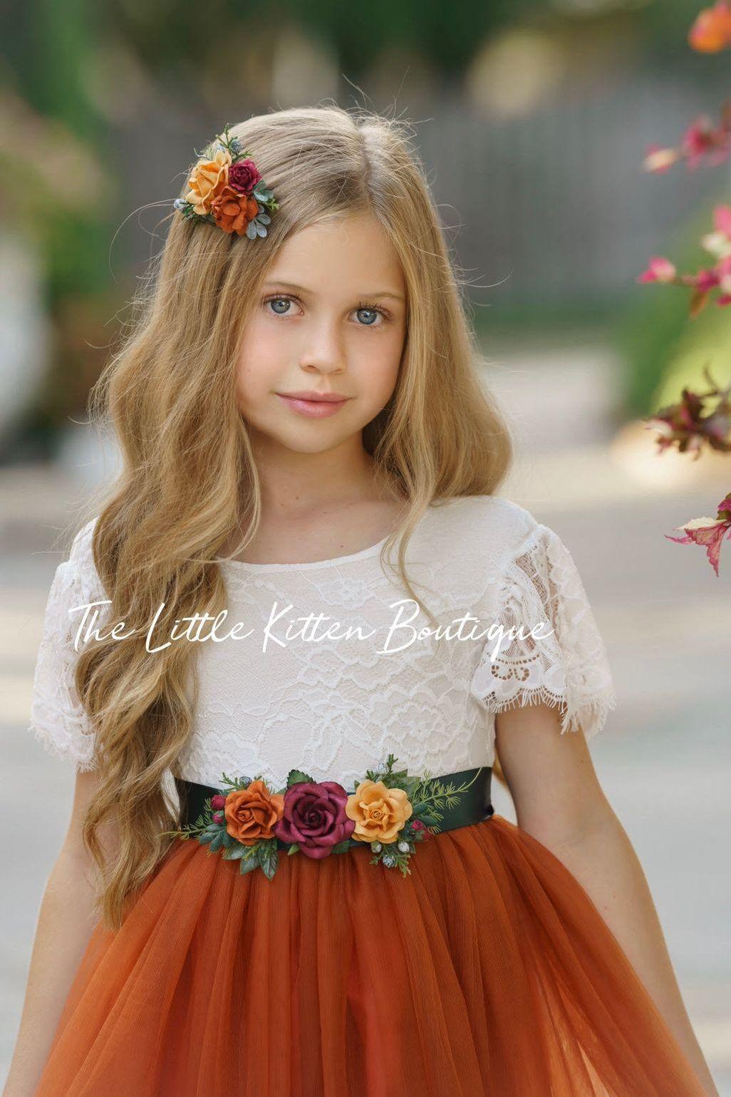 Fall Inspired Burnt Orange short sleeve flower girl dress - The Little Kitten Boutique