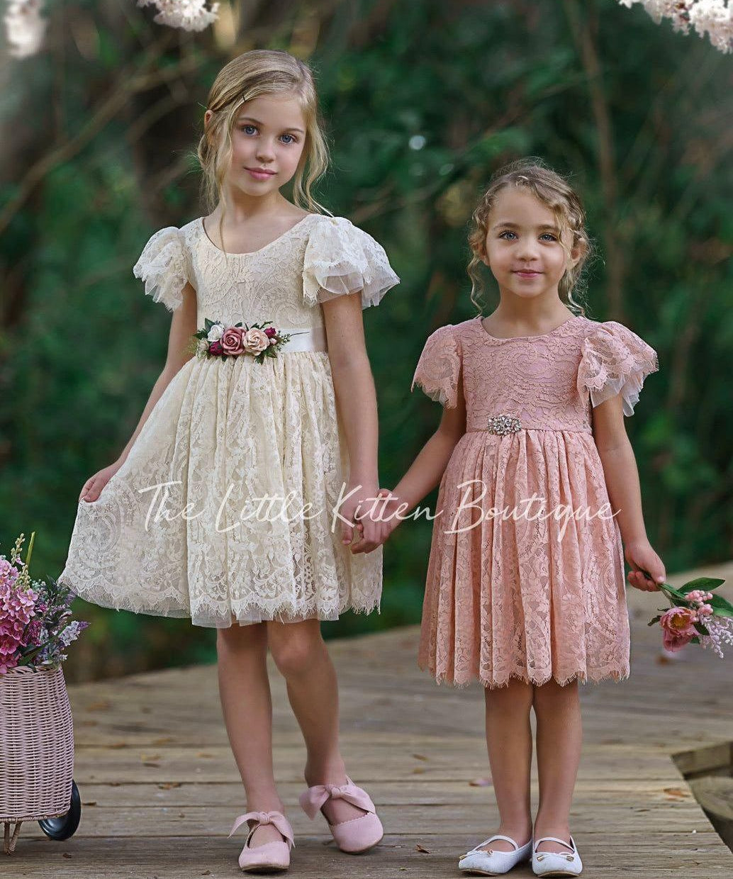 White & Ivory Short Sleeve Knee-Length Flower Girl Dress for Toddlers & Girls - The Little Kitten Boutique